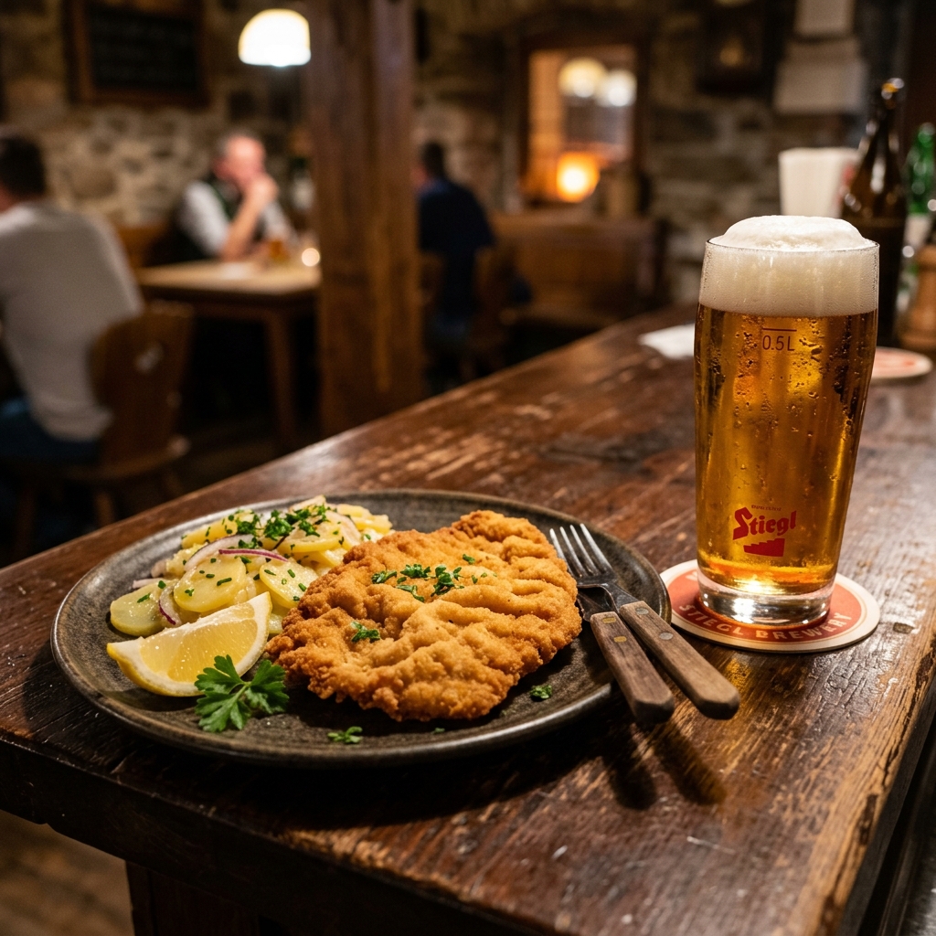 Austrian Schnitzel Vienna Style and Cold Beer